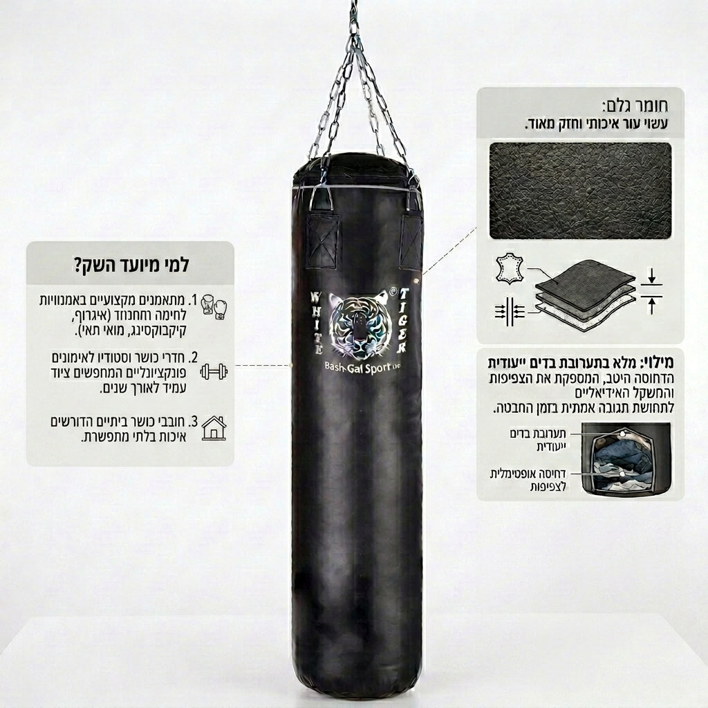 שק איגרוף שחור מעור (מגוון גבהים) *מלא* Black leather punching bag – תמונה 3